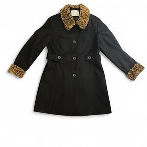 Black Wool Pea Coat with Leopard Faux Fur Trim